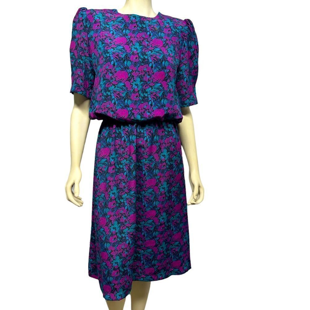 80’s Vintage Pellini Petites by Von Bramlett Blue Purple Floral Midi Dress